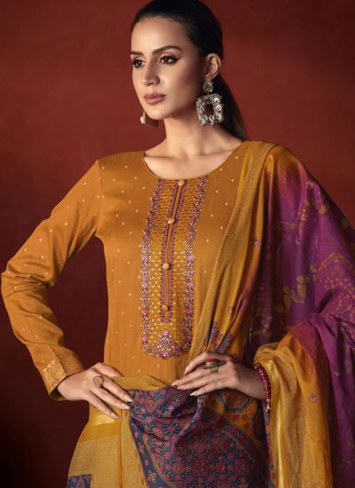 Viscose Embroidered Trendy Salwar Suit in Mustard