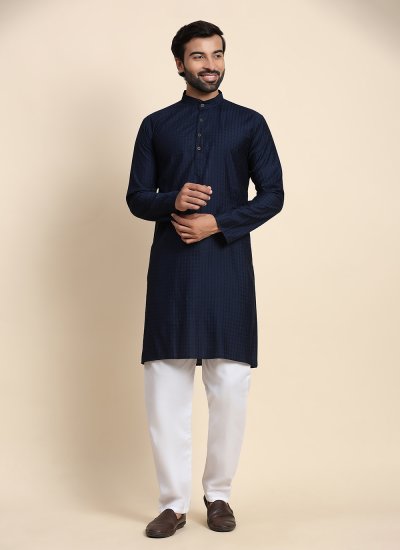 Viscose Plain Navy Blue Kurta Pyjama