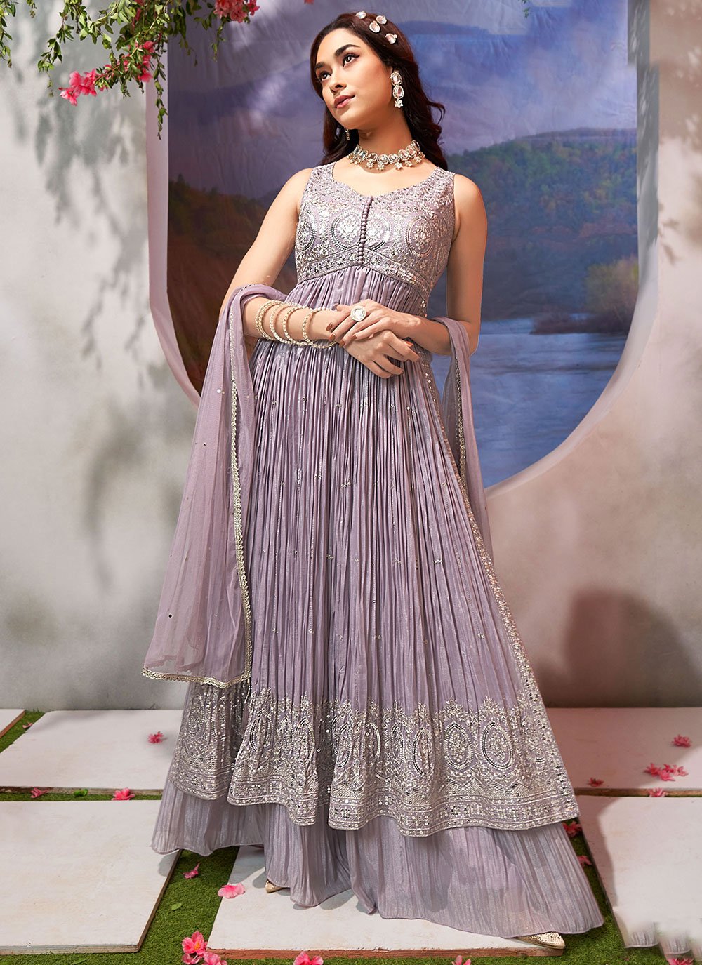Purple Chinon Silk Plazo With Kameez & Dupatta For Indian & Pakistani Wedding Festival - Thread Sequence Work