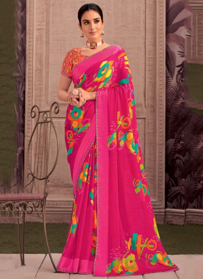 Voluptuous Pink Printed Georgette Traditional Saree