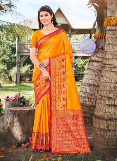 Weaving Banarasi Silk Traditional Saree in Yellow