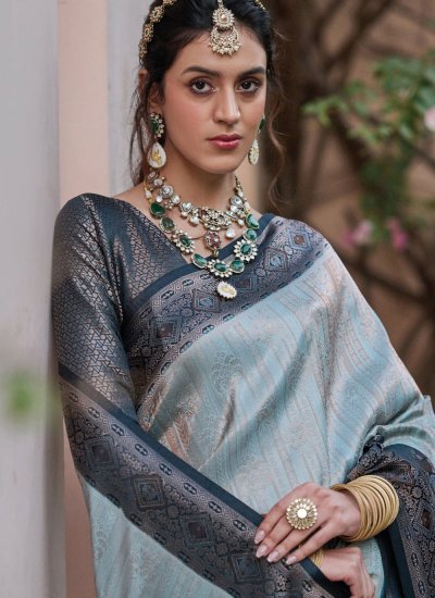 Weaving Satin Classic Saree in Blue