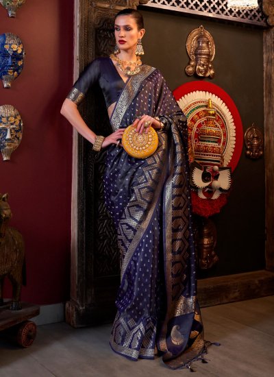 Weaving Satin Silk Classic Saree in Navy Blue