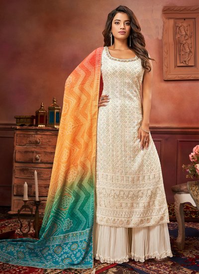 Whimsical Embroidered Cream Georgette Palazzo Salwar Kameez