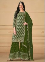 Whimsical Green Embroidered Faux Georgette Trendy Salwar Kameez