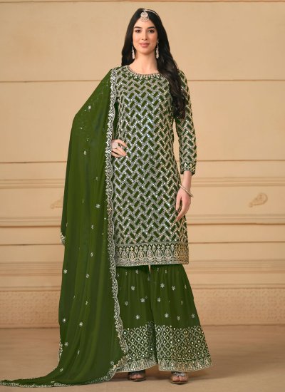Whimsical Green Embroidered Faux Georgette Trendy Salwar Kameez