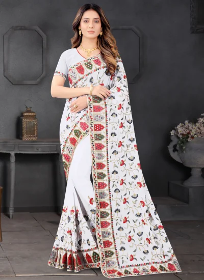 White Embroidered Ceremonial Contemporary Saree