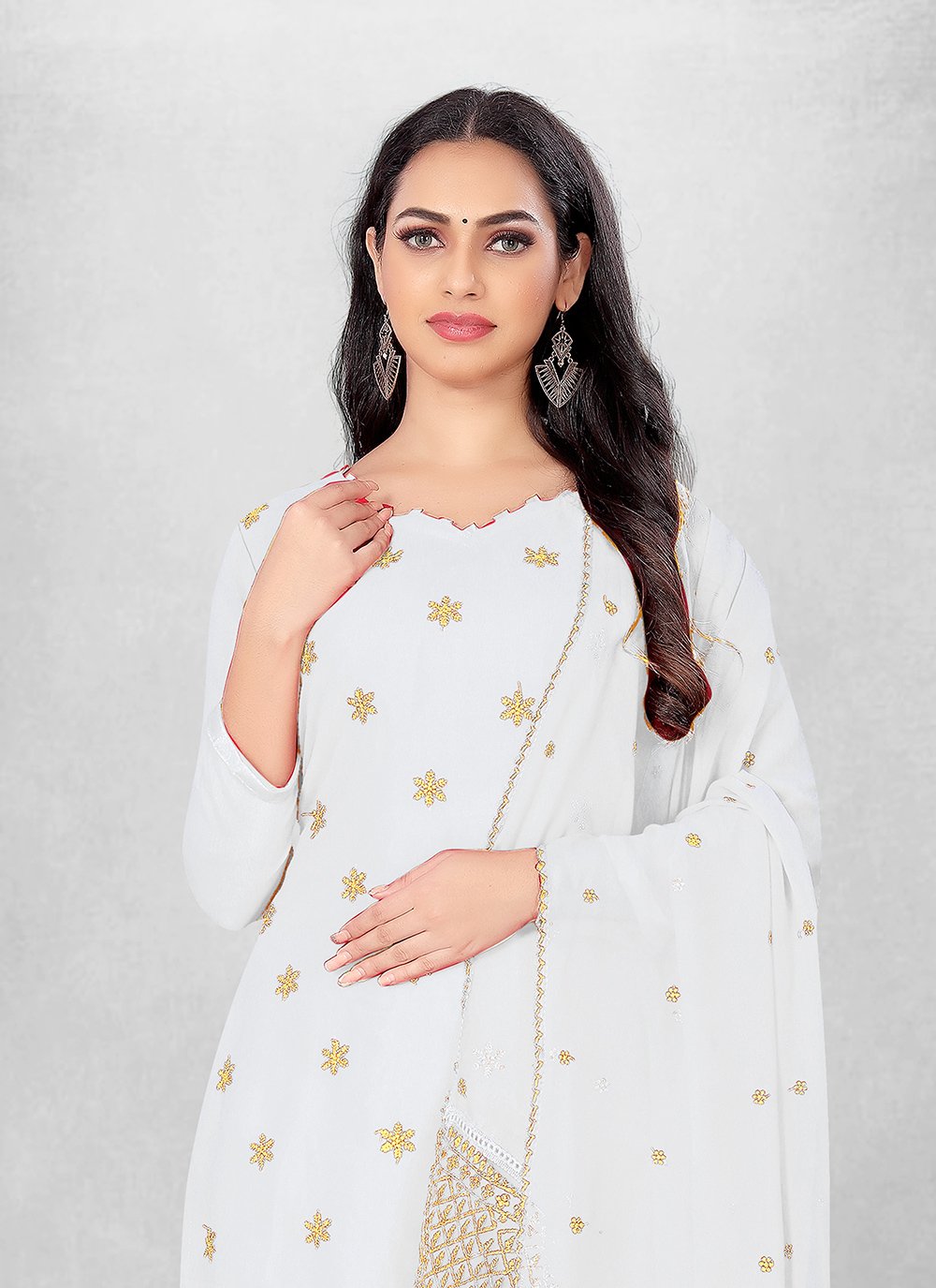 White Embroidered Georgette Churidar Salwar Suit