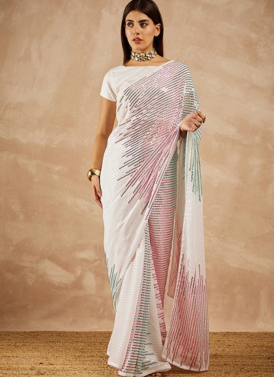 White Georgette Party Shaded Saree