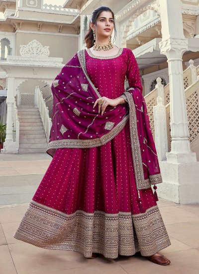 Winsome Silk Wine Embroidered Designer Gown