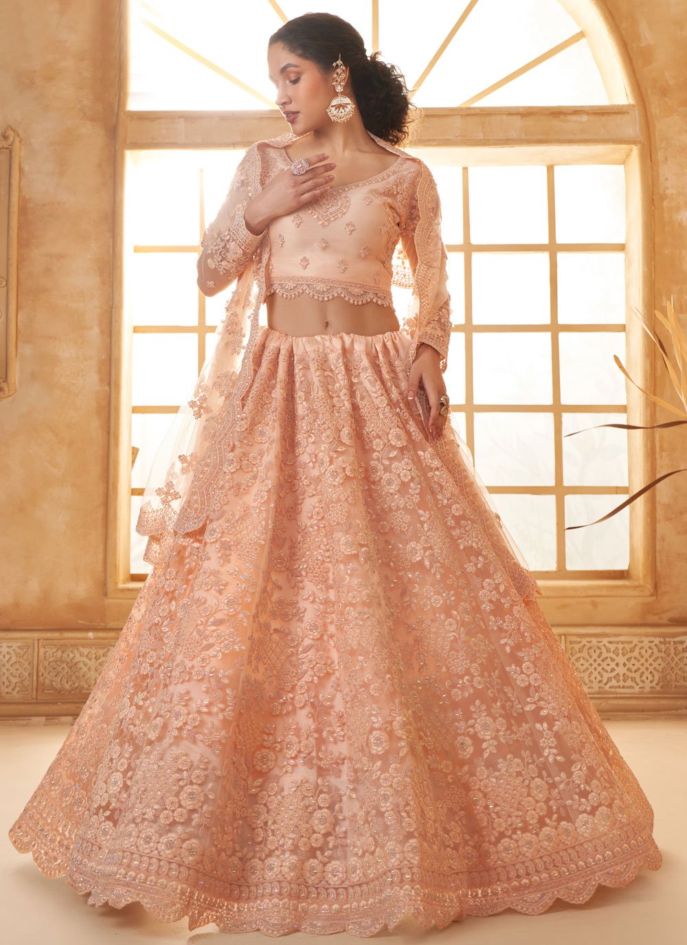 Peach Net Floral Printed Trendy Lehenga Choli