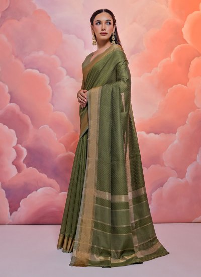 Woven Cotton Saree in Green