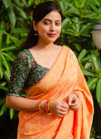 Woven Jute Silk Trendy Saree in Orange