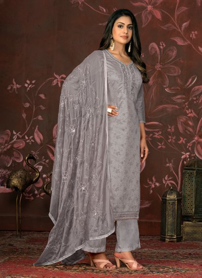 Woven Organza Designer Salwar Kameez in Grey