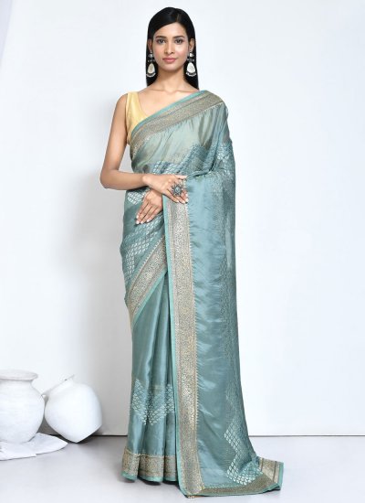 Woven Satin Silk Contemporary Style Saree in Turquoise