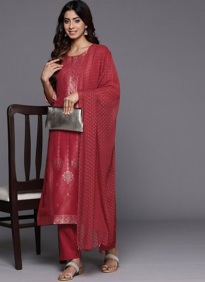 Woven Silk Blend Readymade Salwar Suit in Red