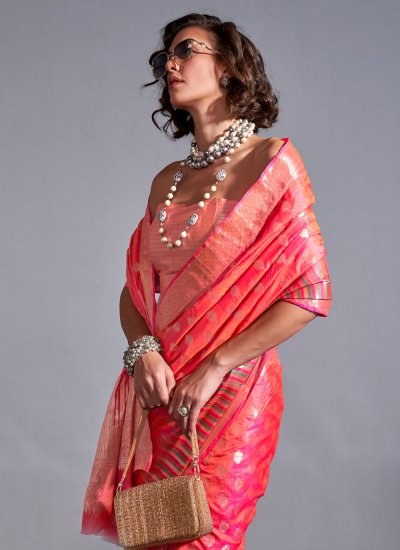 Woven Silk Contemporary Saree in Pink