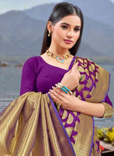 Woven Silk Trendy Saree in Violet