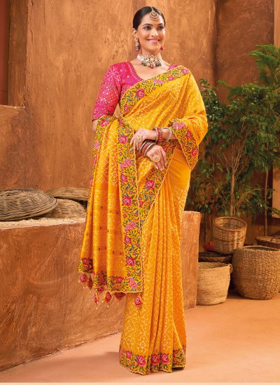 
                            Yellow Banarasi Silk Cutdana Trendy Saree