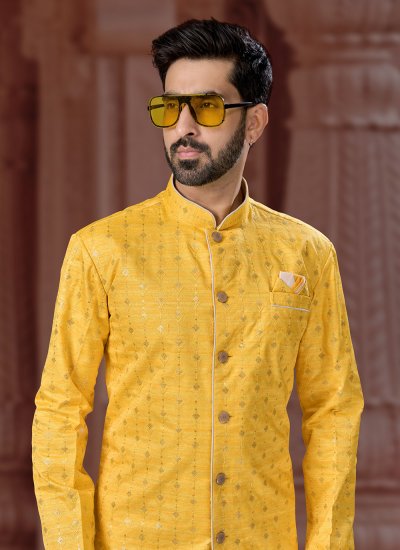 Yellow Banglori Silk Indo Western Sherwani