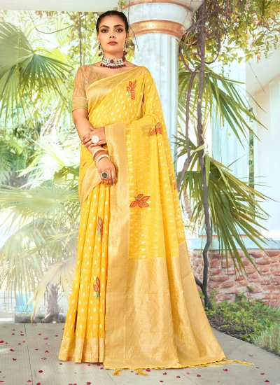 Yellow Cotton Ceremonial Designer Traditional Saree