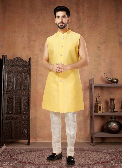 Yellow Embroidered Jacquard Indo Western