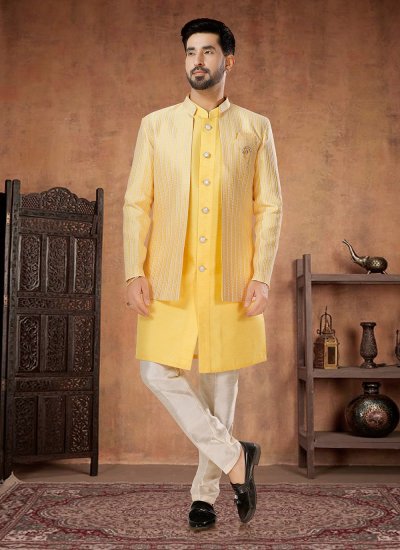 Yellow Embroidered Jacquard Indo Western
