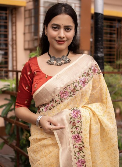 Yellow Embroidered Linen Trendy Saree