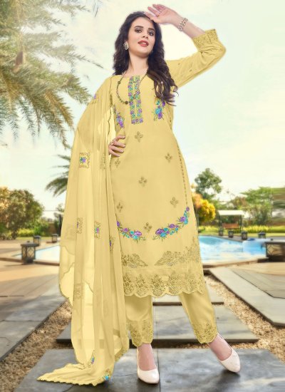 Yellow Faux Georgette Embroidered Pakistani Salwar Kameez