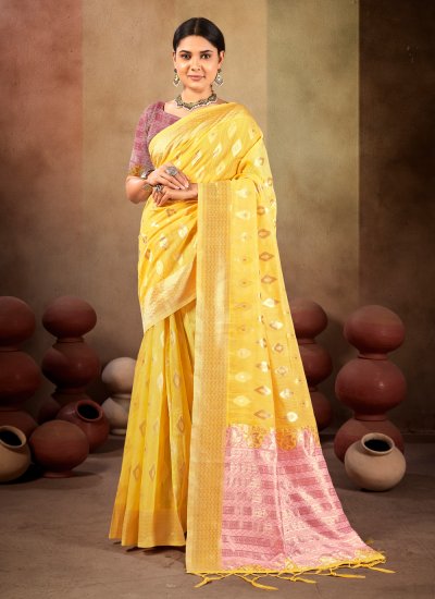 Yellow Linen Designer Traditional Saree