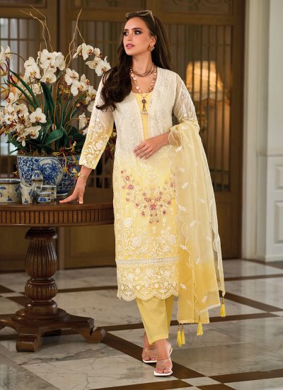 Yellow Organza Pant Style Suit