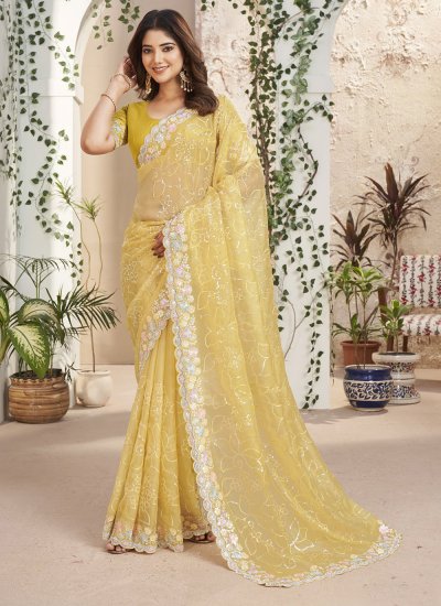 Yellow Party Fancy Fabric Trendy Saree