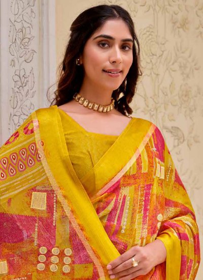 Yellow Printed Trendy Saree