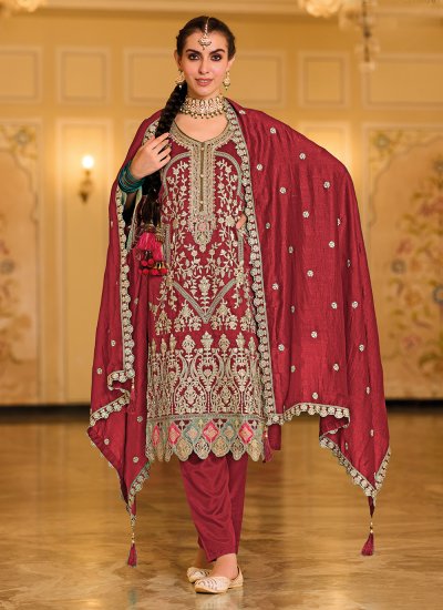 Zesty Red Embroidered Pant Style Suit