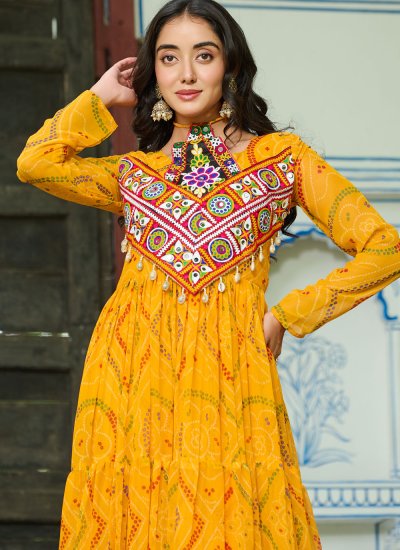 Adorable Faux Georgette Yellow Print Readymade Gown
