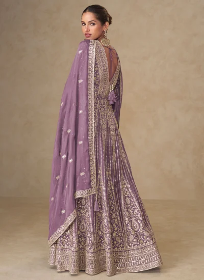 
                            Adorning Embroidered Purple Chinon Palazzo Salwar Suit