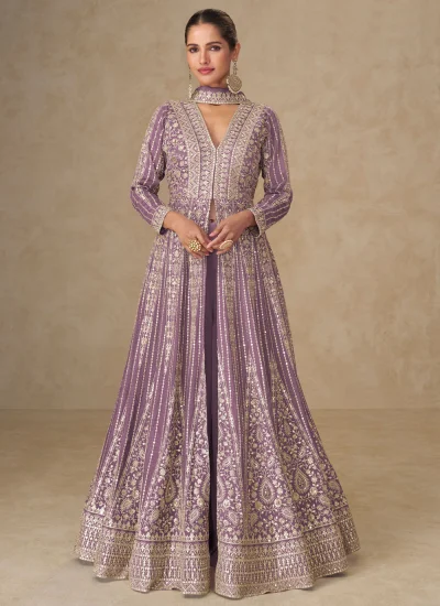 Adorning Embroidered Purple Chinon Palazzo Salwar Suit