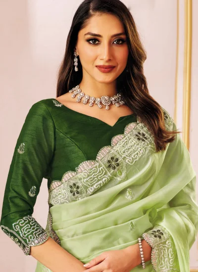 
                            Alluring Tissue Green Embroidered Classic Saree