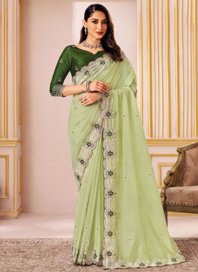 Alluring Tissue Green Embroidered Classic Saree