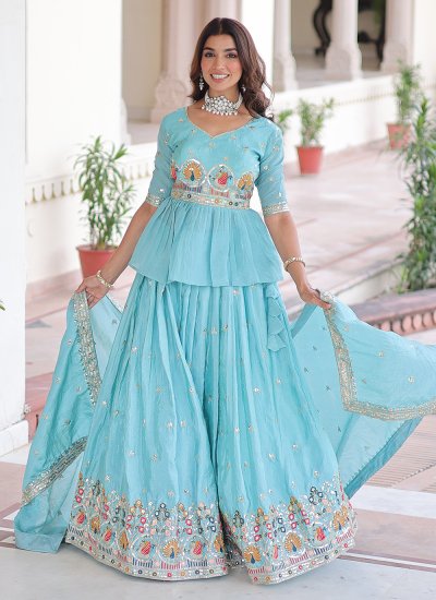 Angelic Embroidered Aqua Blue Crush A Line Lehenga Choli