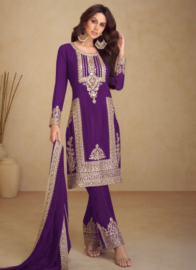 Appealing Chinon Purple Sequins Readymade Salwar Suit