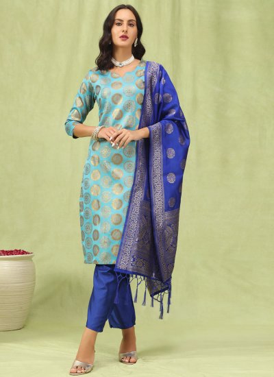 Aqua Blue Jacquard Work Cotton Silk Salwar Kameez