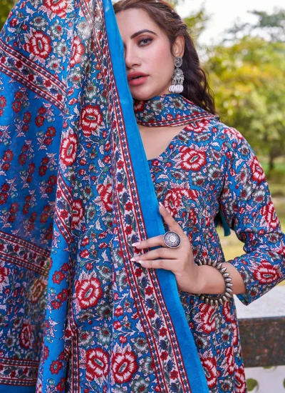 
                            Aqua Blue Print Pant Style Suit