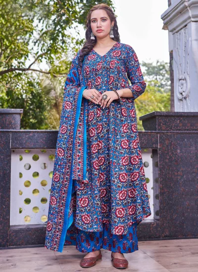 Aqua Blue Print Pant Style Suit