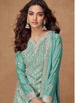 Arresting Turquoise Chinon Palazzo Salwar Suit