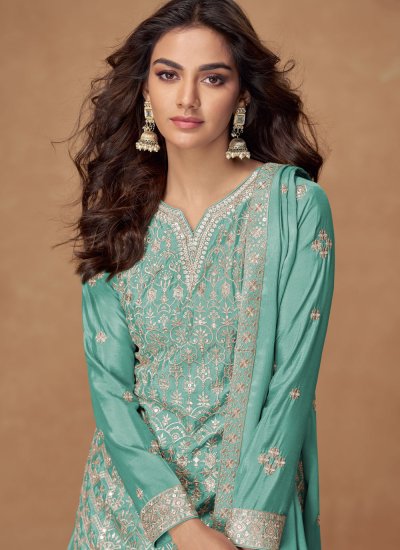 
                            Arresting Turquoise Chinon Palazzo Salwar Suit