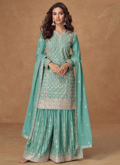 Arresting Turquoise Chinon Palazzo Salwar Suit