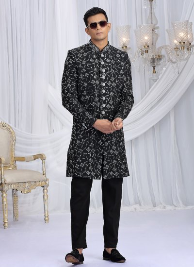 
                            Art Silk Machine Embroidery  Black Indo Western Sherwani