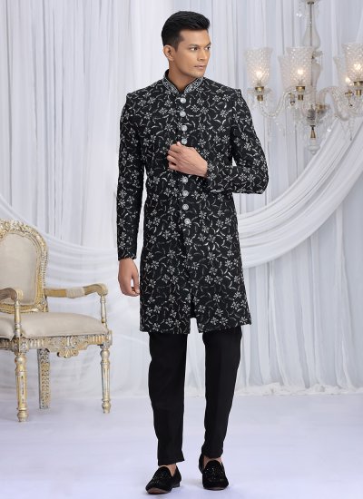 Art Silk Machine Embroidery  Black Indo Western Sherwani