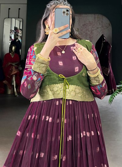 Artistic Zari Polly Cotton Wine Readymade Gown